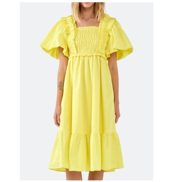 English Factory Ruffled Smocked 100% Cotton Midi Dress Yellow Puff Sleeve XS NWT - Picture 8 of 11